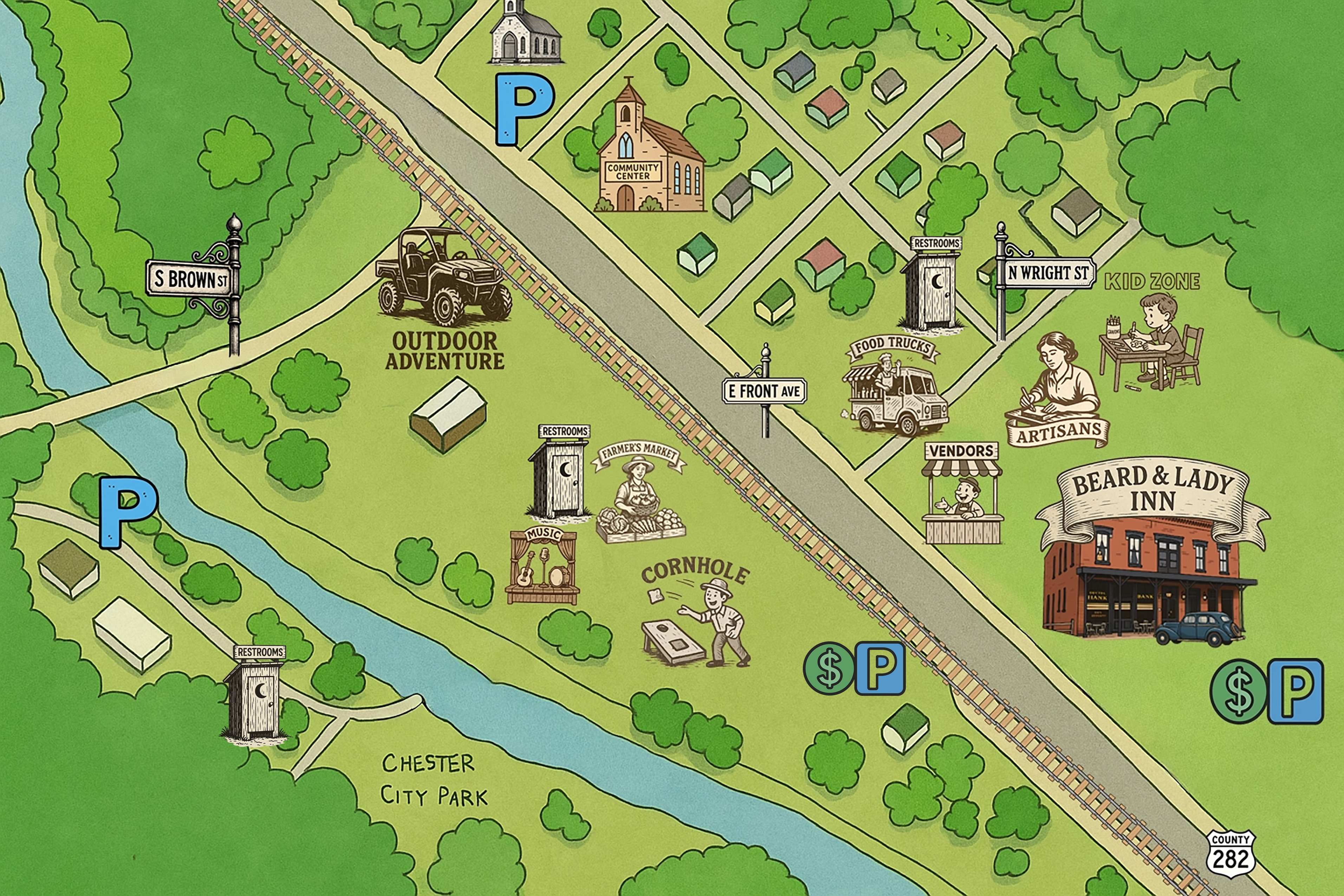 Boston Mountain Pawpaw Festival Map showing all venues, parking areas, and activity locations in Chester, Arkansas